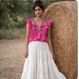 Boho Floral Embroidery Top Pom Pom Details